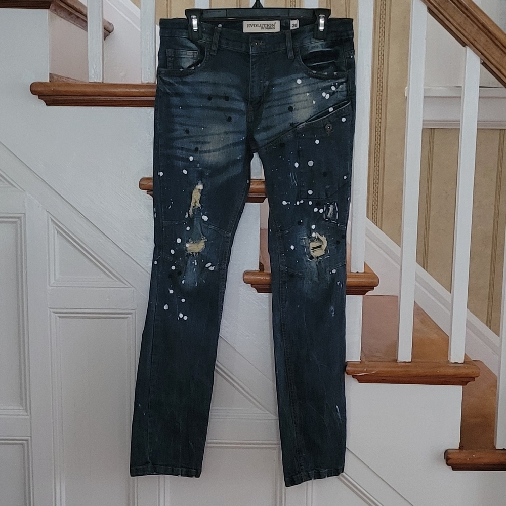EVOLUTION IN DESIGN Distressed Paint Splatter Blue Jeans Size 20